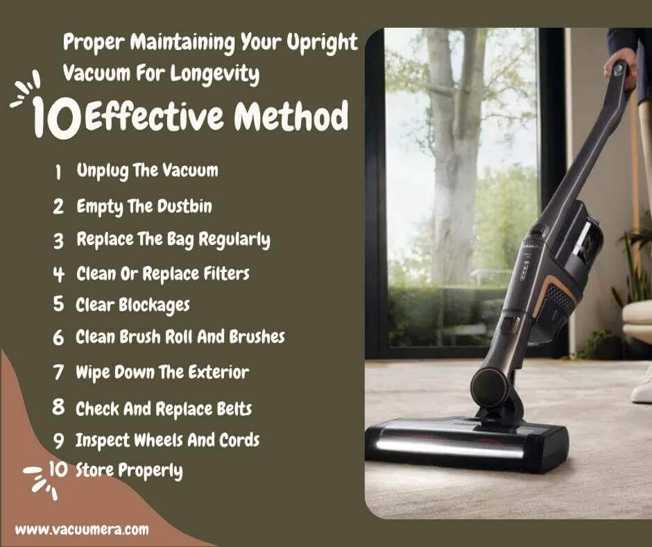 An image of a person performing maintenance on an upright vacuum cleaner. They are cleaning the filter and removing debris from the brush roll to ensure the vacuum's longevity.
